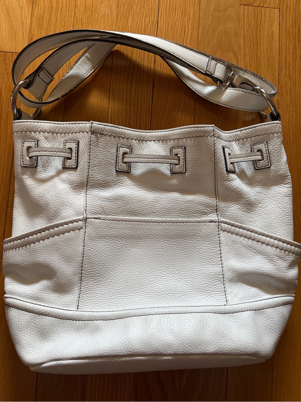 Tignanello White Pebbled Leather Drawstring Bucket Bag w/Silver Hardware